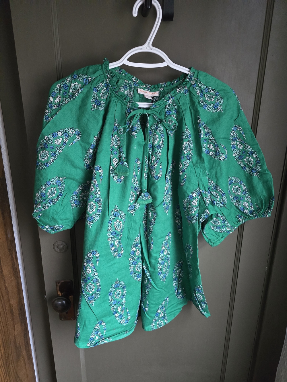 Knox Rose Green Floral-Print Blouse with Tie Neck